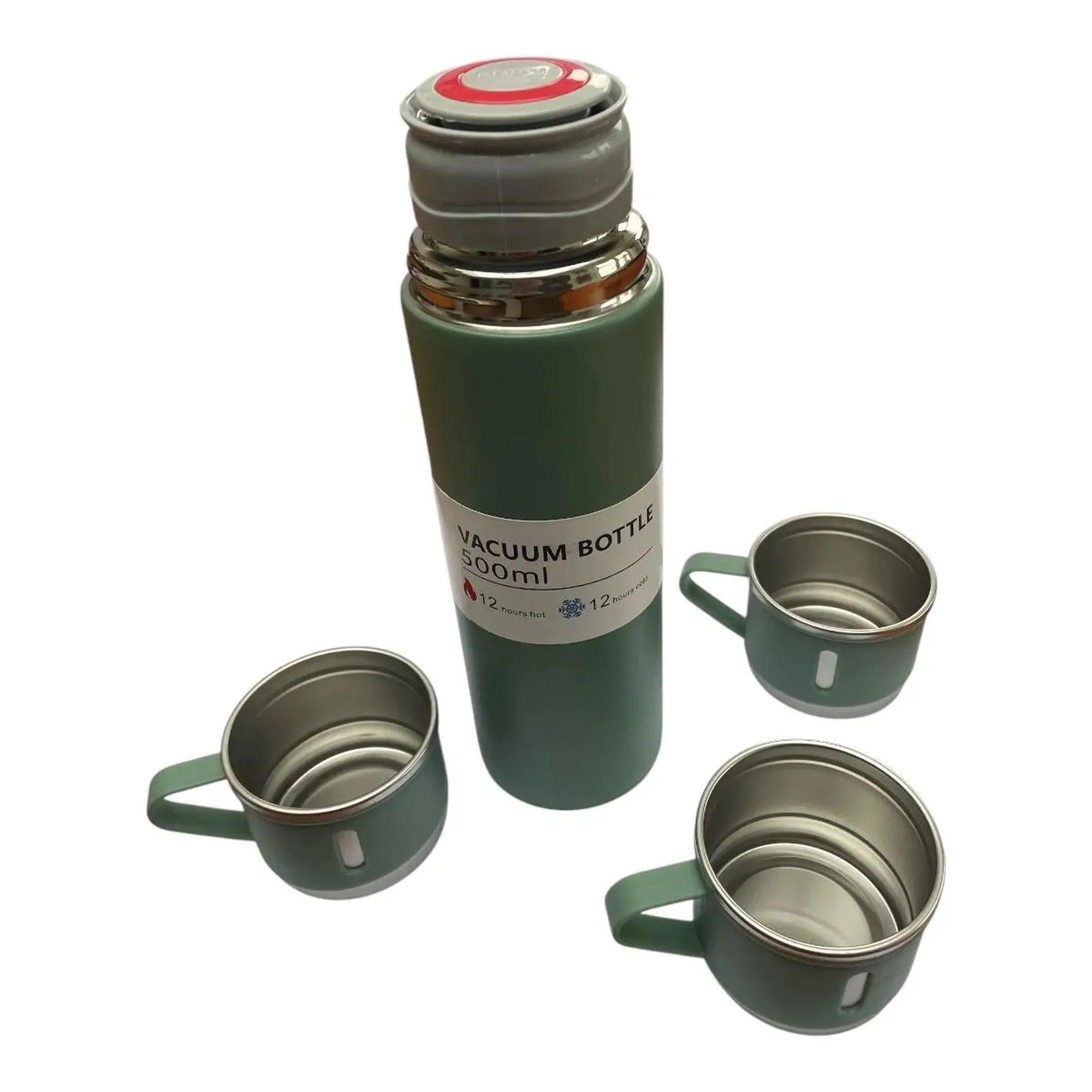 CEuk Vacuum Insulated Stainless Steel Flask Set Bottle 500ml and Cups Outdoor Green