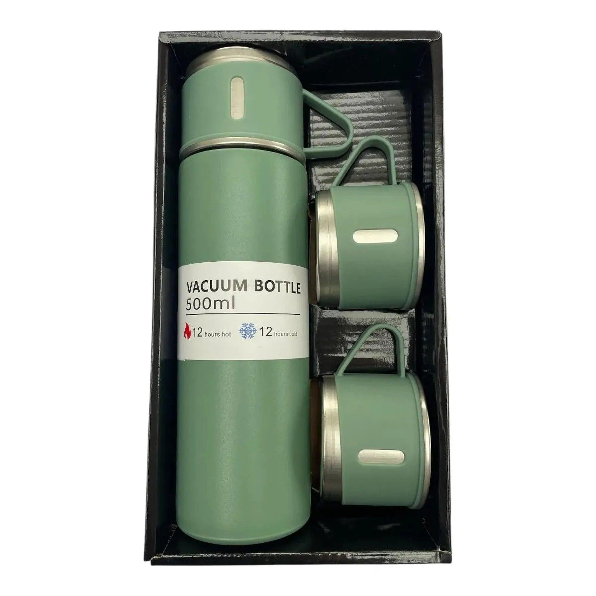 CEuk Vacuum Insulated Stainless Steel Flask Set Bottle 500ml and Cups Outdoor Green