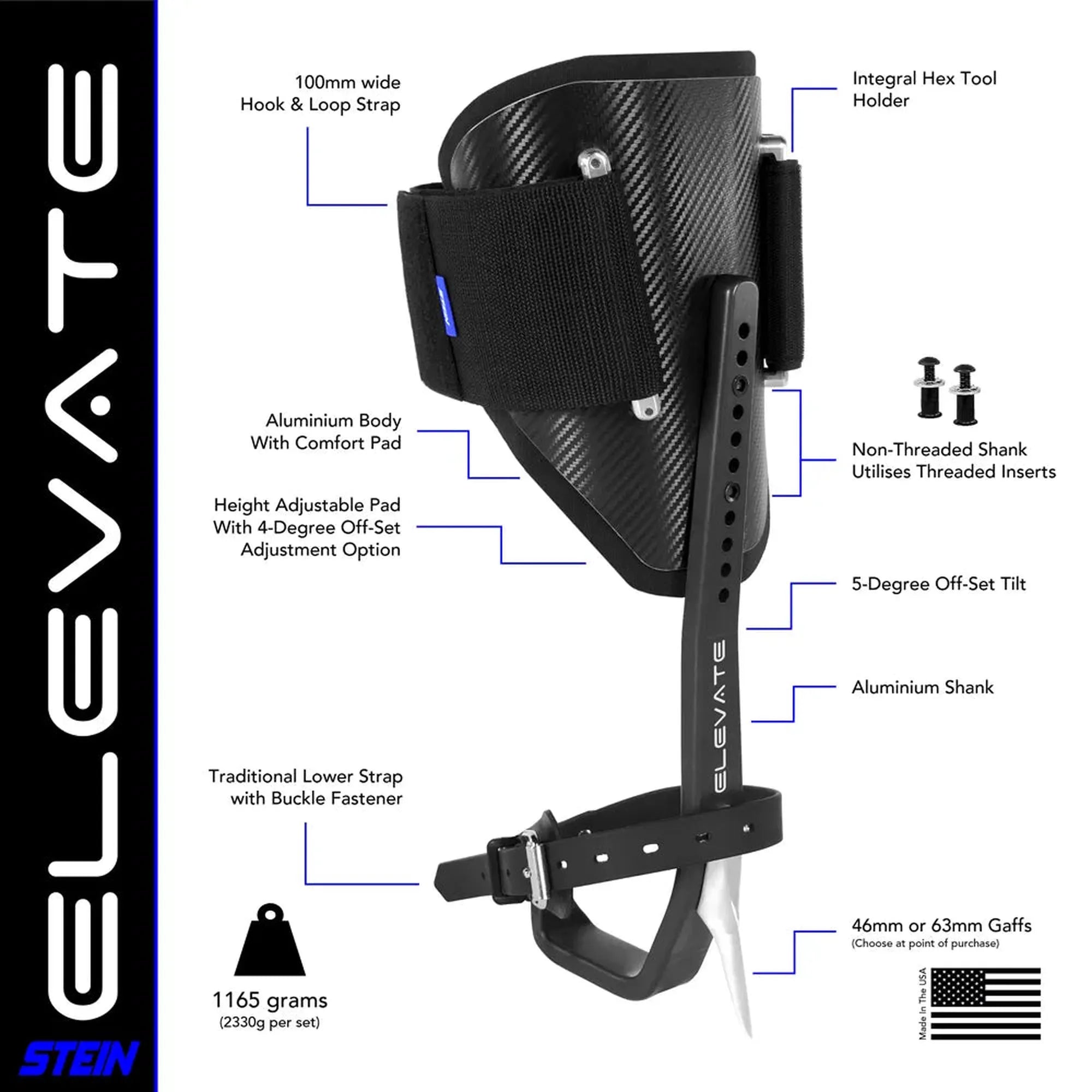 Stein ELEVATE Climbing Spikes Kit - Fitted with 43mm Gaffs & Velcro Pads - Black