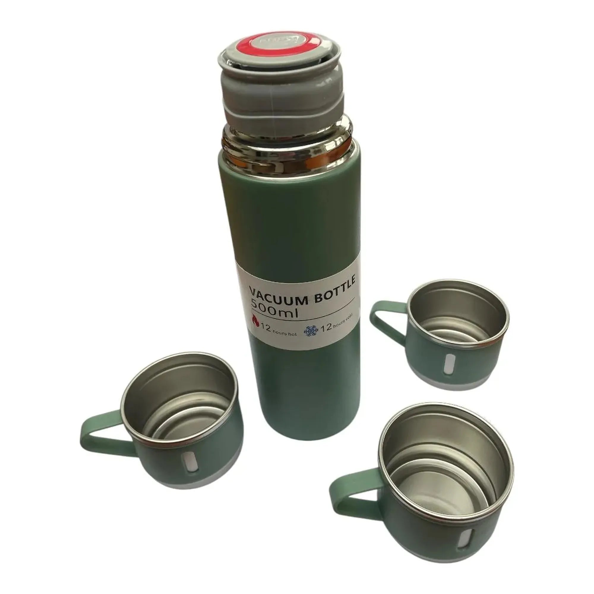 CEuk Vacuum Insulated Stainless Steel Flask Set Bottle 500ml and Cups Outdoor Green