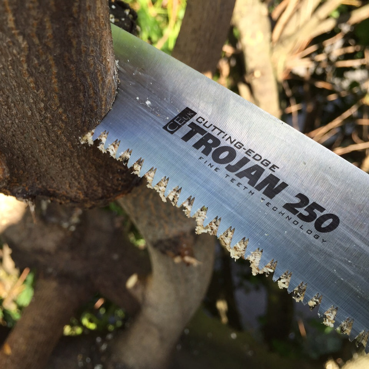 Saw blade with 'Trojan 250' branding cutting through wood