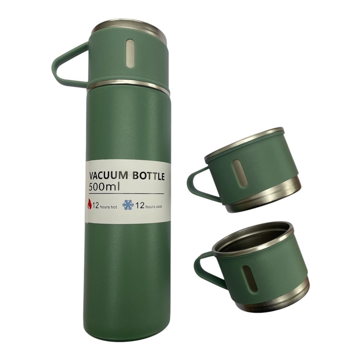 CEuk Vacuum Insulated Stainless Steel Flask Set Bottle 500ml and Cups Outdoor Green