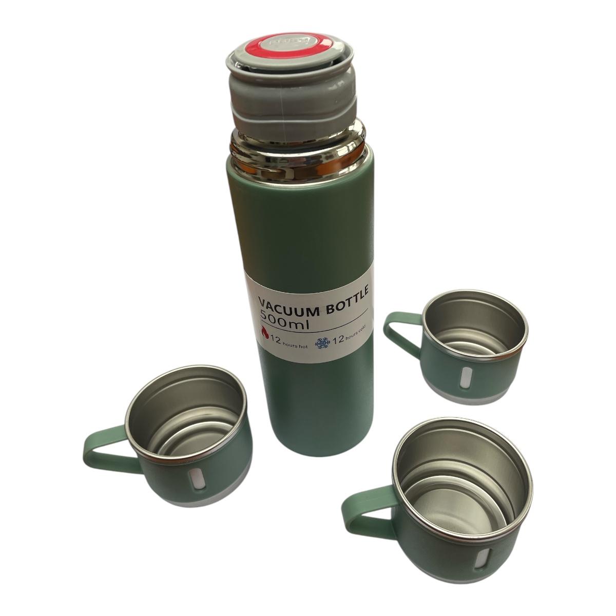 CEuk Vacuum Insulated Stainless Steel Flask Set Bottle 500ml and Cups Outdoor Green Flask and Cups