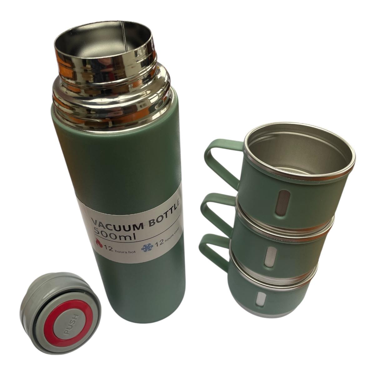 CEuk Vacuum Insulated Stainless Steel Flask Set Bottle 500ml and Cups Outdoor Green Open