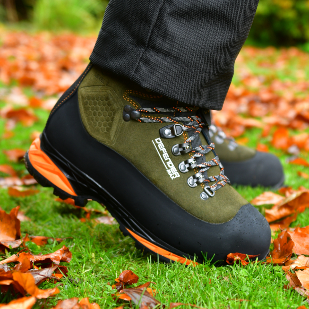 Stein Defender MAX V2 Chainsaw Boots Class 2 Olive UK Size 7-12 Action 2
