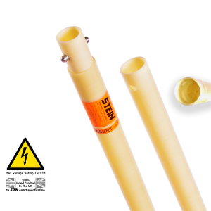 STEIN UTILITY Poles are individually hand crafted in the UK to STEIN exact specification. Foam Pole - This pole is the same as the Mid-Pole but Foam Filled Foam Filled Poles are generally used as the top pole. The foam stops debris or water running down the inside of the pole helping to maintain the electrical properties of the system. Manufactured using a high-quality bias woven glass fibre fabric impregnated with proprietary epoxy resin produces a tube with high axial/hoop stiffness and strength. This combination gives excellent electrical insulation and dielectric properties with high mechanical and corrosion resistance. A number of poles can be attached to make up a longer length pole. Each pole is precision machined for rigidity and joint accuracy minimising flexure of the pole assembly (no metal joint fittings). Each section is fitted with a specially manufactured UK designed Stainless Steel one-piece spring button clip. For simplicity of use all the poles are designed to be used for either extending or as the top pole - no special poles are required. The specially designed VIELE Tool Adaptor accommodates all the tool attachments. Specification: Working Length: 1220mm Overhall Length: 1270mm Diameter: 40mm Wall Thickness: 2.4mm Weight: 835g Tube Internal: Foam Filled Attachment: Stainless Steel one-piece spring button clip Rating: Max Voltage Rating 75kV/ft- Batch tested for electrical insulation* Identification: Individually Serial Numbered Warning* Danger of Electrocution - Max Voltage Rating 75kV/ft Only to be use by Trained Professionals Direct contact with live power lines may result in severe injury or death. DO NOT use as a Hot Stick. DO NOT use in weather conditions where there is a high risk of lightning strikes. Always use the correct personal protection when using this device. A strict regime of cleaning and polishing will help maintain the electrical insulating properties of this product This product requires a full inspection on a regular basis. Only ever attach STEIN approved equipment to this pole. Stein Utility EPR Replacement Pole 120cm – Foam Filled